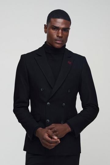 Slim Fit Double Breasted Textured Blazer black