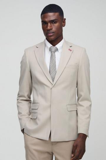 Stone Beige Slim Fit Textured Twill Blazer