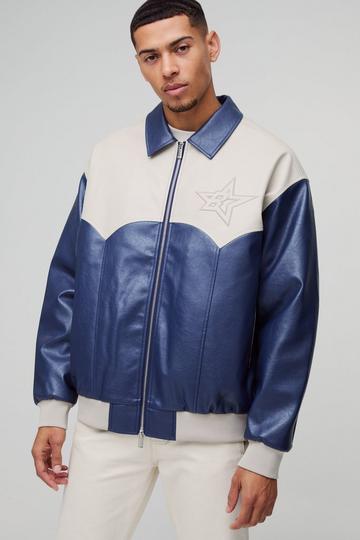 Oversized Western Panelled Collared Bomber Jacket blue