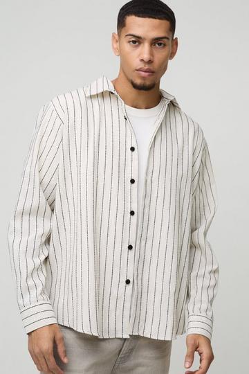 Super Oversized Linen Look Embroidery Striped Collared Shirt stone