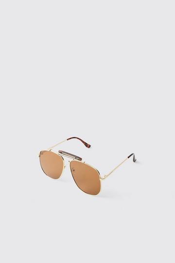 Metallic Gold Tortoise Detail Aviator Sunglasses