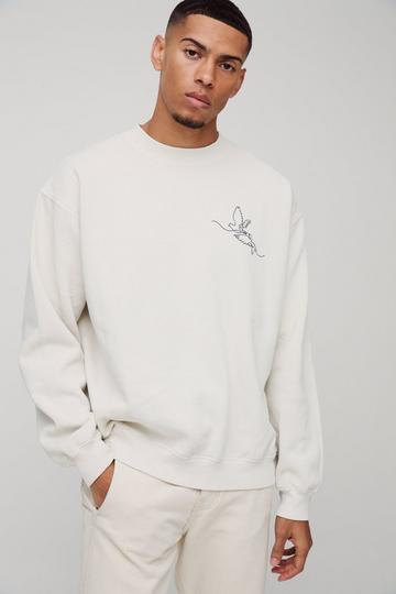 Ecru White Oversized Line Drawing Bird Graphic Washed Sweatshirt