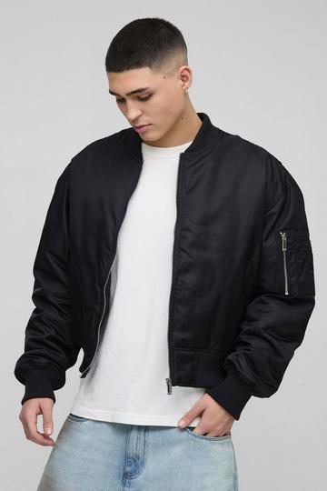 Black Oversized Boxy Curved Hem Nylon Bomber Jacket