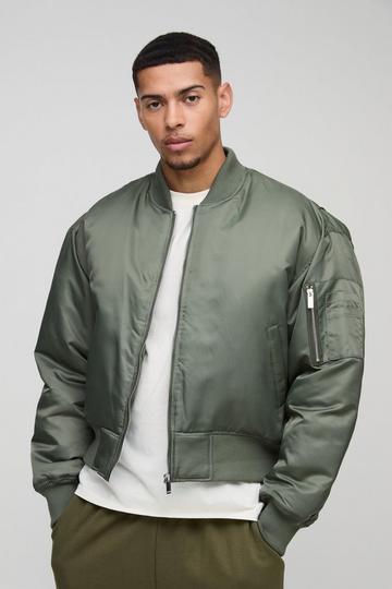 Oversized Boxy Curved Hem Nylon Bomber Jacket olive