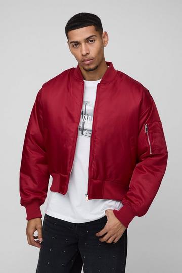 Red Oversized Boxy Curved Hem Nylon Bomber Jacket