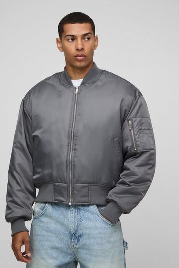 Oversized Boxy Curved Hem Nylon Bomber Jacket charcoal