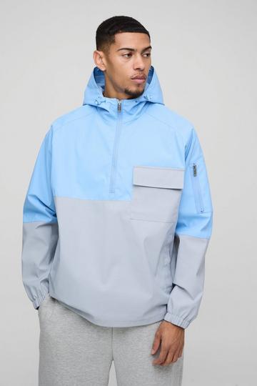 Oversized Color Block Anorak Met Zak Detail En Capuchon light blue