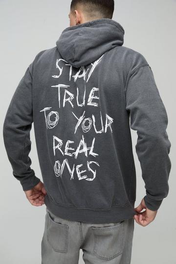 Charcoal Grey Washed Stay True Text Graphic Hoodie