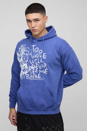 Washed Too Woke Text Graphic Hoodie cobalt