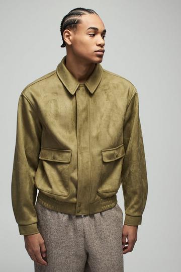 Boxy Nep Suède Harrington Jas Met Utility Zakken olive