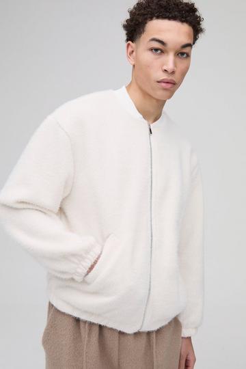 Oversized Boxy Fluffy Textured Bomber Jacket ecru