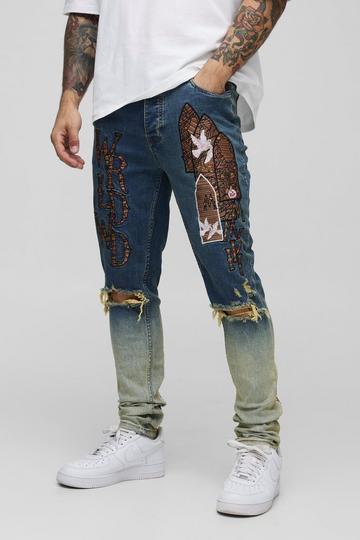 Skinny Applique Ripped Jeans antique blue