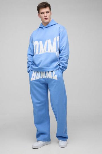 Tall Oversized Boxy Twill Applique Contrast Stitch Hooded Tracksuit light blue