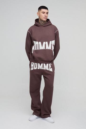 Tall Oversized Boxy Twill Applique Contrast Stitch Hooded Tracksuit brown