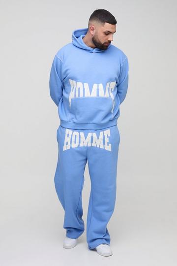 Plus Oversized Boxy Twill Applique Contrast Stitch Hooded Tracksuit light blue