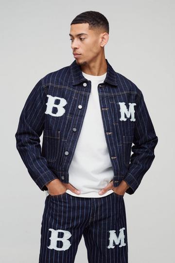 Relaxed Pinstripe Denim Applique Harrington Jacket dark blue