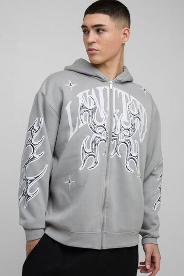 Grey Oversized Zip Through Limited Graphic Hoodie