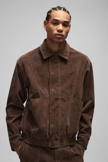 Boxy Faux Suede Pocket Harrington Jacket dark brown