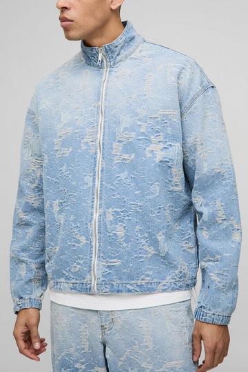 Oversized Funnel Neck Distressed Denim Jacket light blue