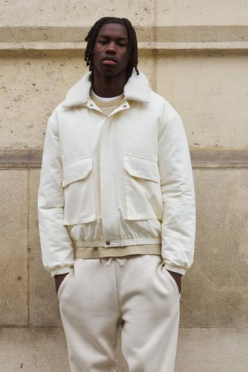 Ecru White Oversized Borg Collar Twill Hooded Bomber Jacket