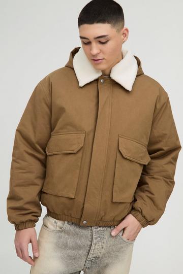 Oversized Borg Collar Twill Hooded Bomber Jacket tan