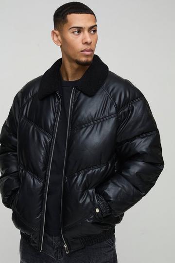 Black Oversized Borg Collar PU Puffer Jacket