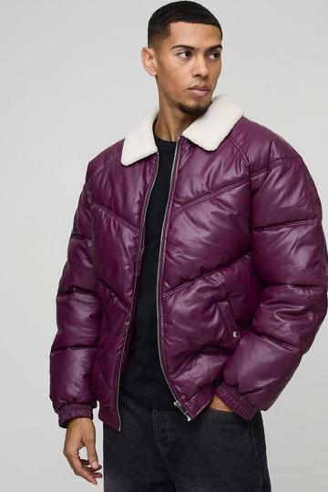 Oversized Borg Collar PU Puffer Jacket burgundy