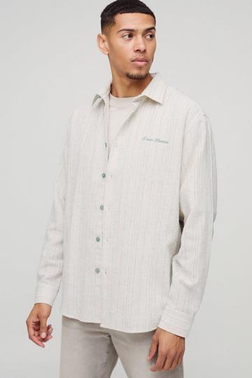 Super Oversized Linen Look Embroidery Striped Collared Shirt sage