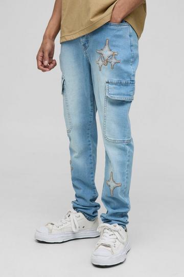 Skinny Star Applique Cargo Jeans light blue