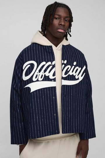 Navy Oversized Collarless Stripe Baseball Varsity Jacket