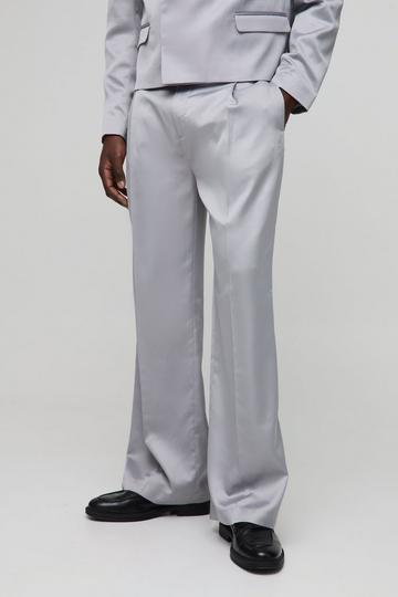 Wide Leg Pleat Front Satin Tailored Trouser grey