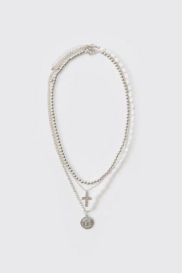 Silver Layered Pearl Necklace With Pendants