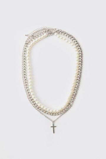 Silver Layered Pearl Necklace With Cross Pendant in Silver