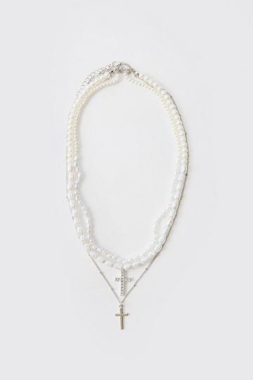 Silver Layered Cross Necklace With Pearls