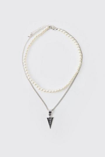 Silver Layered Pearl Necklace With Spike Charm