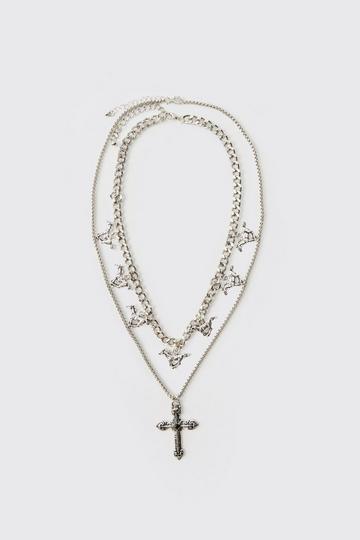 Silver Layered Cross Necklace With Charms