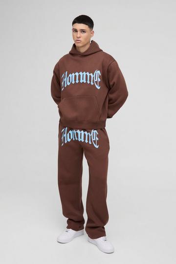 Oversized Boxy Homme PU Applique Hooded Tracksuit brown