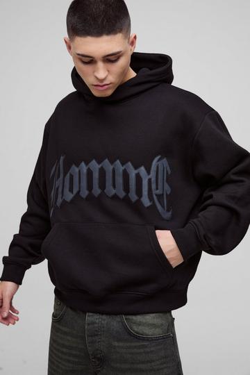 Black Oversized Boxy Homme PU Applique Hoodie