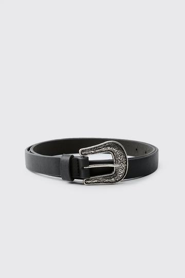 Black Faux Leather Textured Belt With Western Buckle