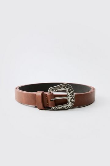 Faux Leather Belt With Western Buckle in Brown brown