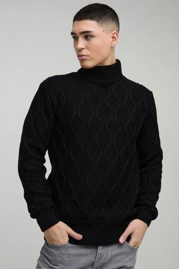 Regular Cable Knit Roll Neck Knitted Jumper black