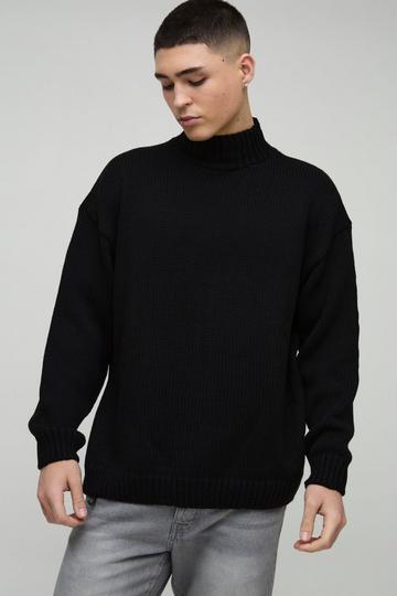 Oversized Boxy Dropped Shoulder Funnel Neck Knitted Jumper black