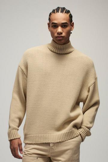 Stone Beige Oversized Boxy Dropped Shoulder Funnel Neck Knitted Jumper