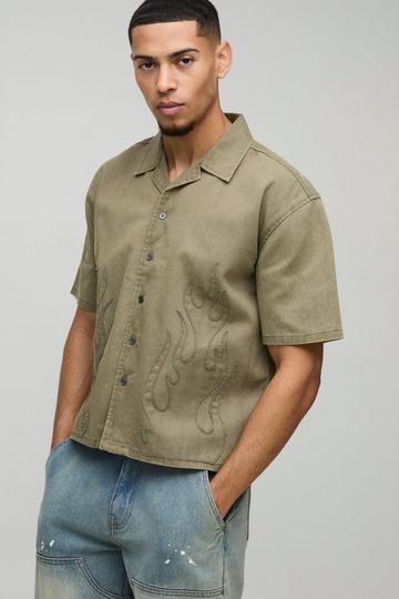 Oversized Boxy Washed Flame Applique Washed Shirt khaki