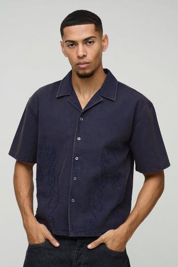 Oversized Boxy Washed Flame Applique Washed Shirt navy