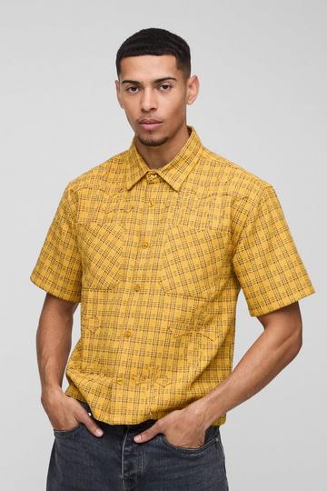 Oversized Boxy Cross Applique Double Pocket Check Shirt yellow