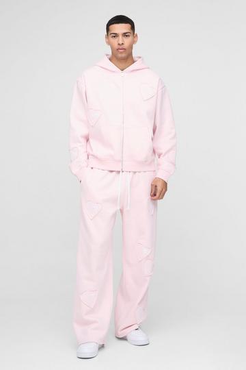 Oversized Boxy Zip Through and Extreme Wide Leg Hearts Applique Tracksuit pink