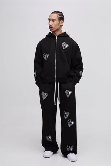 Oversized Boxy Zip Through and Extreme Wide Leg Hearts Applique Tracksuit black