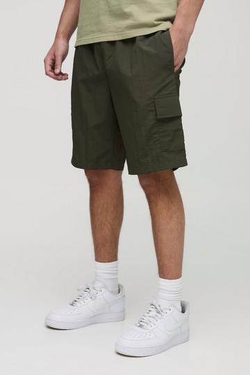 Elasticated Waist Relaxed Mid Length Crinkle Nylon Cargo Shorts dark green