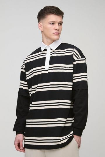 Tall Oversized Embroidered Faux Layer Stripe Polo black